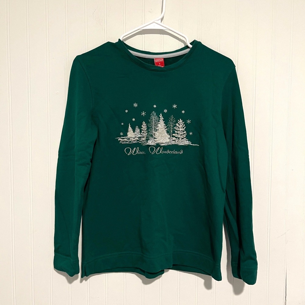 Merry & Bright Sweatshirt Womens Small Green Winter Wonderland Holiday Christmas